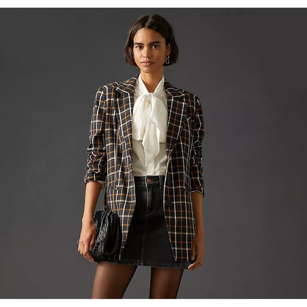 Anthropologie Maeve Plaid Boyfriend Blazer‎ Equestrian Black Sz 2 Academia Prep